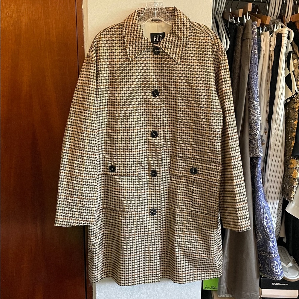 Urban Outfitters BDG Houndstooth Duster Coat Lightweight Long Blazer Large L NWT